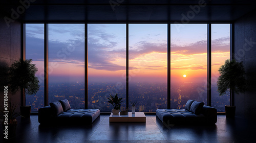 modern lounge with cityscape view at sunset through large windows