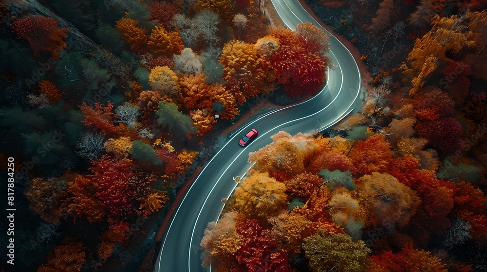 Aerial View of a Car on a Winding Road Through Autumn Forest. Tranquil Journey in Nature. Seasonal Landscape Photography. AI