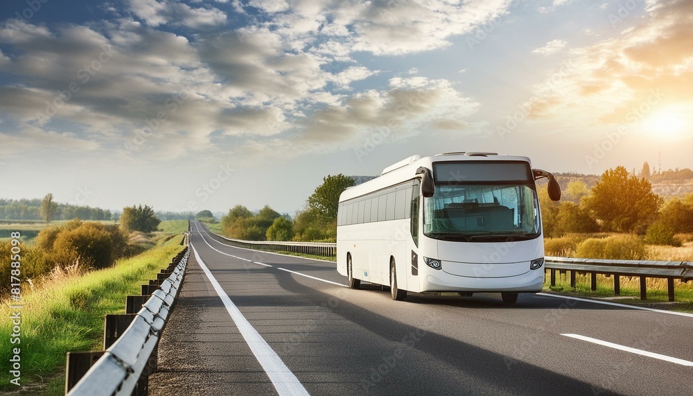 Tranquil Travels: Vivid Wide-Angle View of a Highway with a White Bus