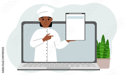 Female cook in a cap. Video, online ordering, menu. Vector flat illustration