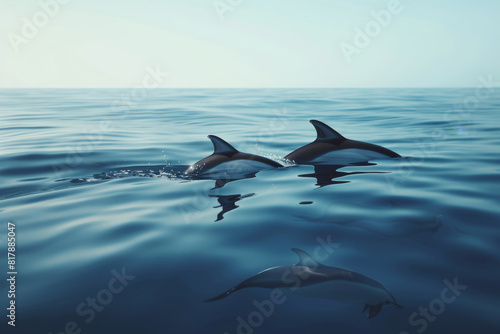 Two dolphins swimming in the ocean with a third dolphin in the background