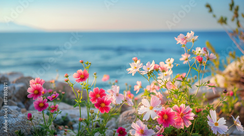 A beautiful field of pink flowers is next to the ocean