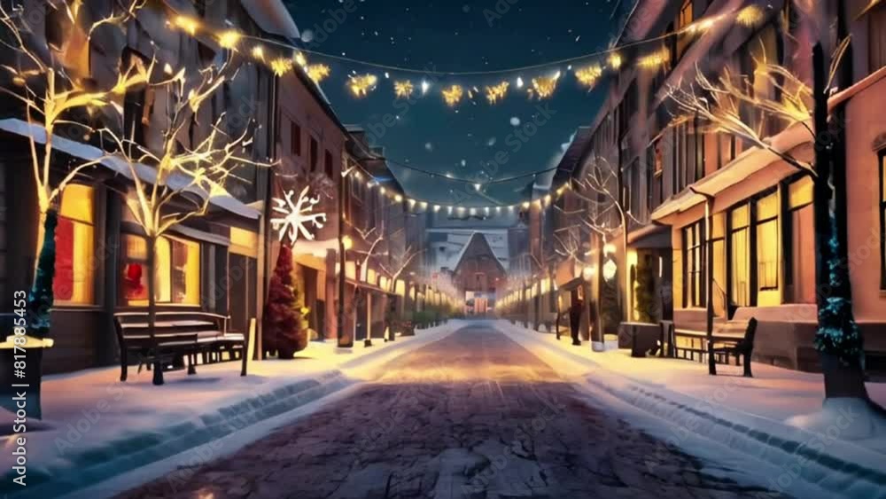Experience a festive winter shopping street adorned with sparkling lights. Experience a festive winter shopping street adorned with sparkling lights.