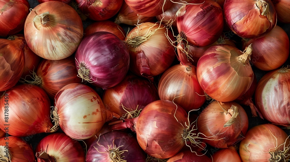 Onions Close-Up, Fresh Red and Golden Bulbs with Natural Texture in a Vibrant Culinary Display Onions Close-Up, Fresh Red and Golden Bulbs with Natural Texture in a Vibrant Culinary Display