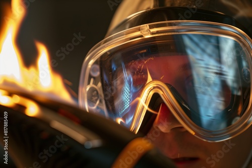 Close-up of a person wearing protective goggles and helmet, reflecting flames, likely working in a high-temperature environment like welding or metalwork. photo