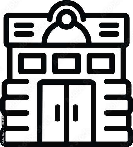 Simple monochrome cartoon vector illustration of a fire station icon, depicting a black and white line art design of a firefighter department building