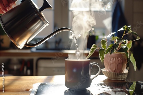 A stream of hot water is being poured from a gooseneck kettle into a white mug on a wooden countertop, with houseplants in the background. photo