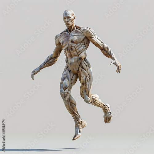 View of a whole body of a human with muscles while running in three dimensions