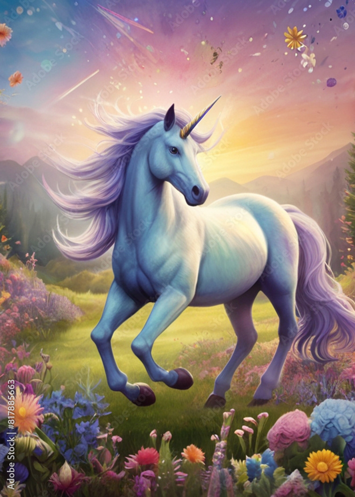 In a whimsically enchanting magical landscape a dazzling dreamlike rainbow unicorn gallops in a meadow of pastel-hued flowers In a whimsically enchanting magical landscape a dazzling dreamlike rainbow unicorn gallops in a meadow of pastel-hued flowers