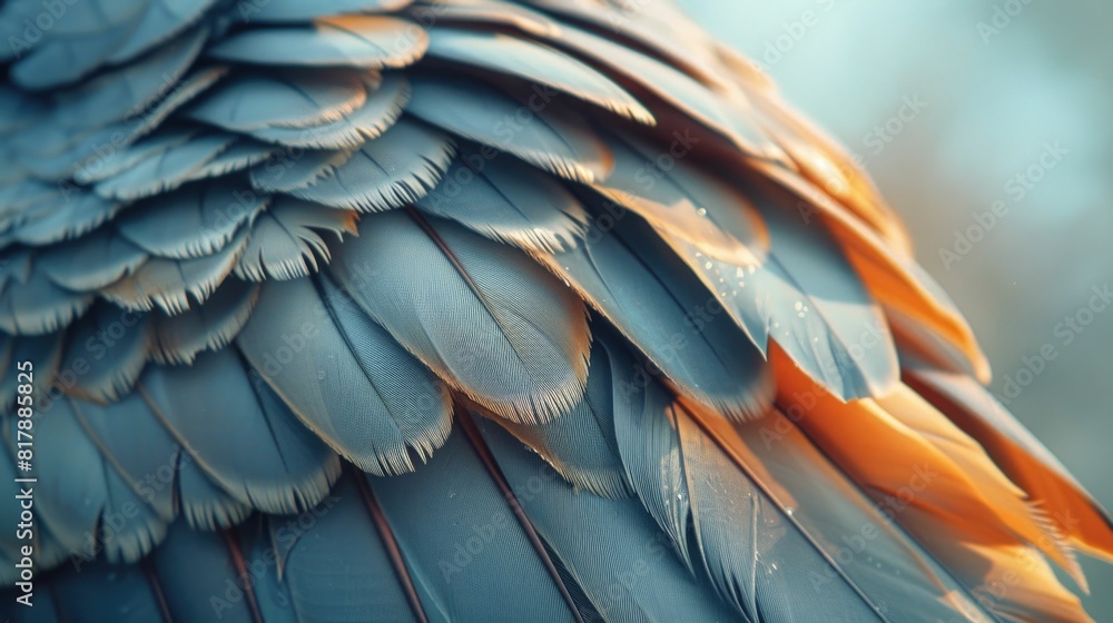 Obraz premium Exquisite Bird Feather Close up with Vibrant Colors and Intricate Textures Showcased Against Serene Sky Background