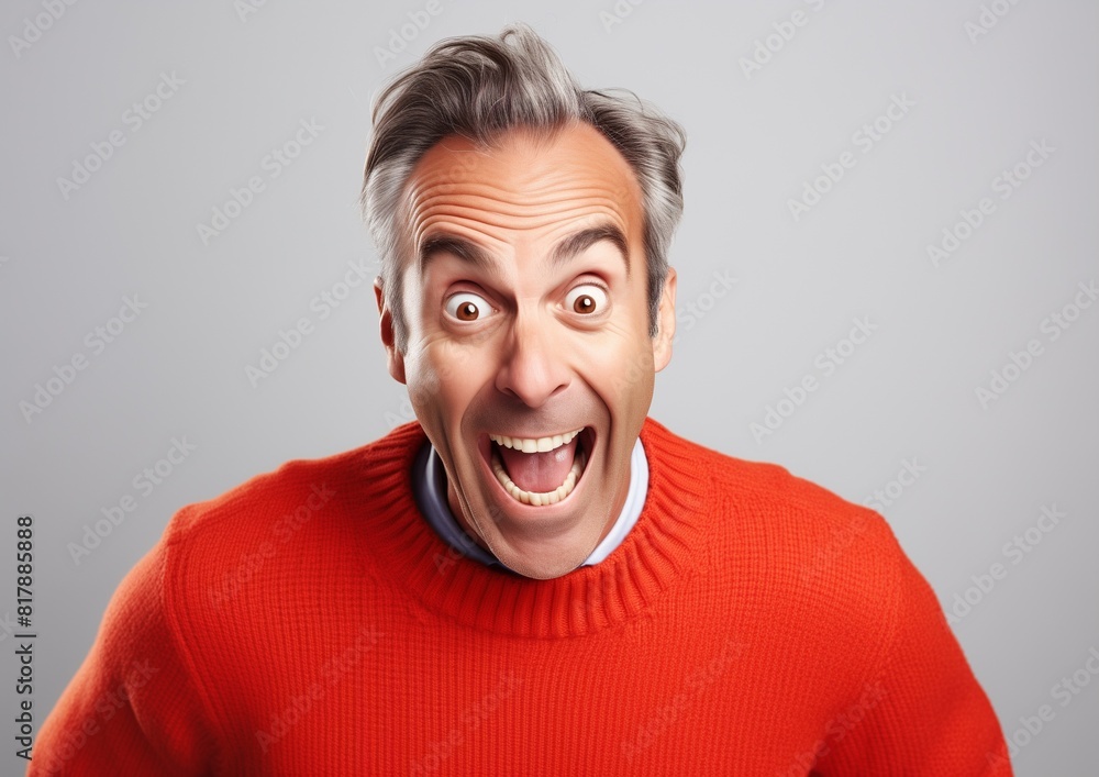 Excited Middle-Aged Man in Red Sweater with Overjoyed Expression on Gray Background Excited Middle-Aged Man in Red Sweater with Overjoyed Expression on Gray Background