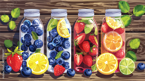 Sports bottles of infused water with blueberries stra photo