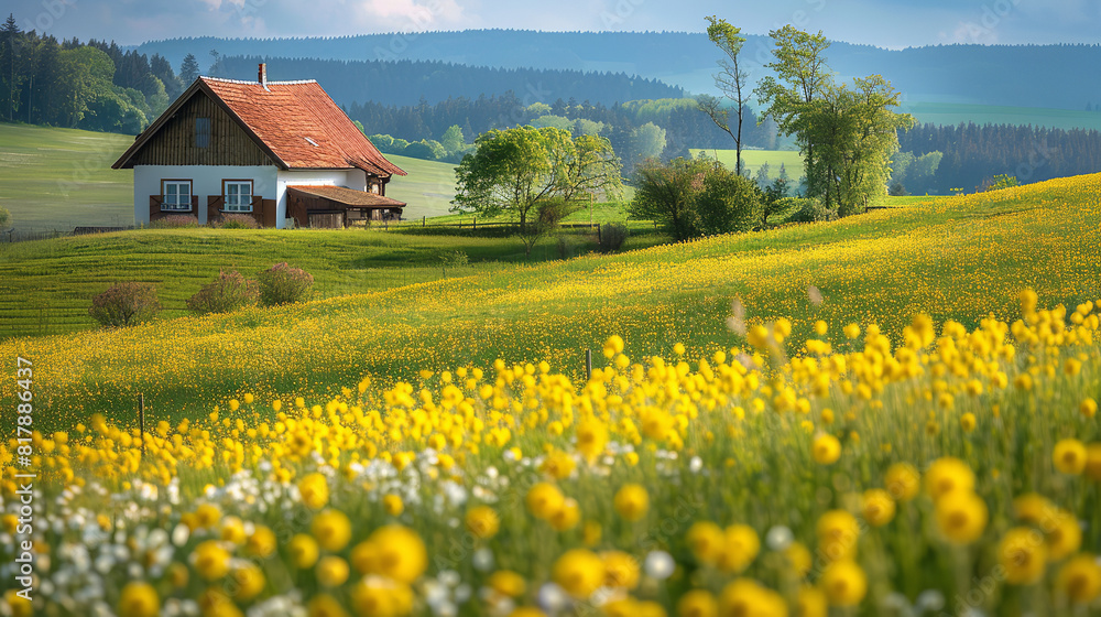 Picturesque Farmhouse Amidst Vibrant Flowering Fields  
