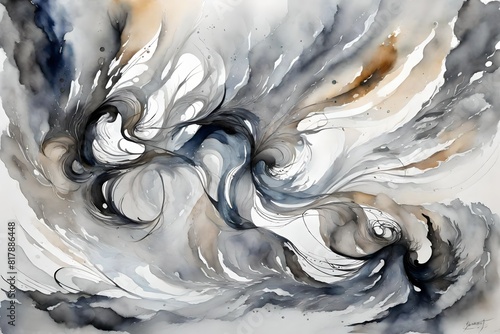 Visualize an abstract interpretation of a windstorm using watercolors on wet paper, with swirling grays and whites. photo
