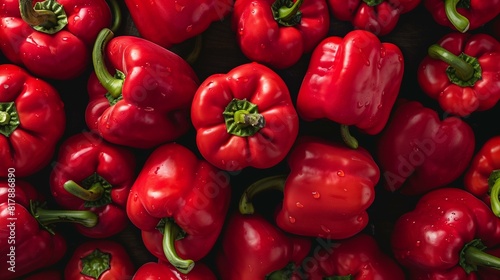 Bright Red Bell Peppers in a Pile, Emphasizing Their Glossy Skin and Freshness