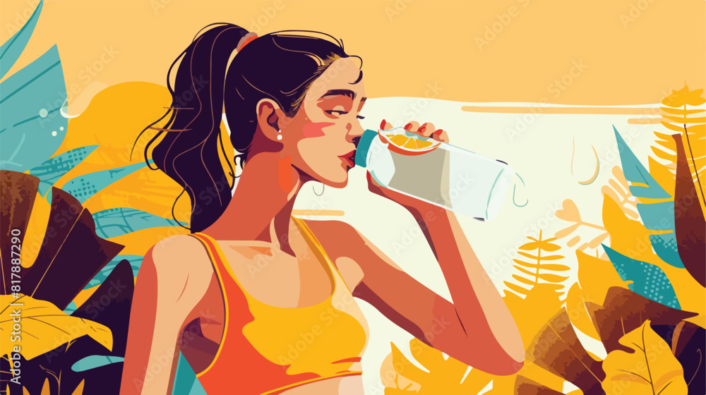 Sporty young woman drinking water outdoors Vectot style
