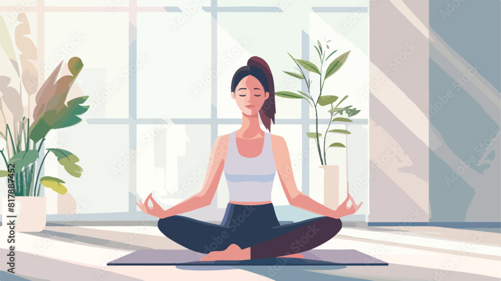 Sporty young woman meditating on yoga mat indoors vector