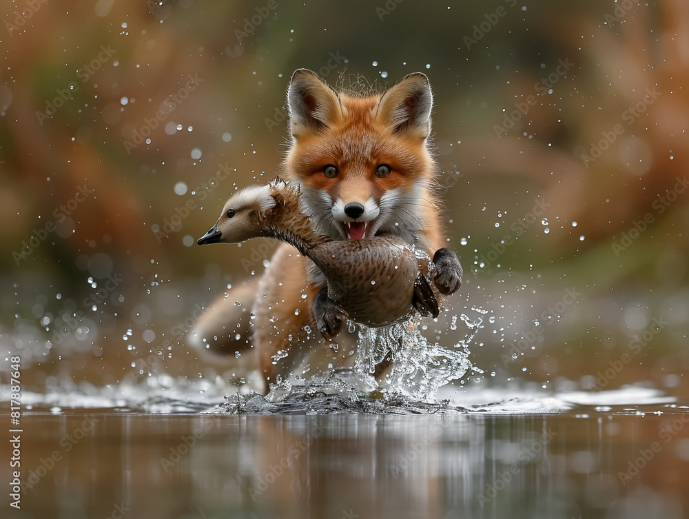A fox is hunting and trying to catch geese A fox is hunting and trying to catch geese