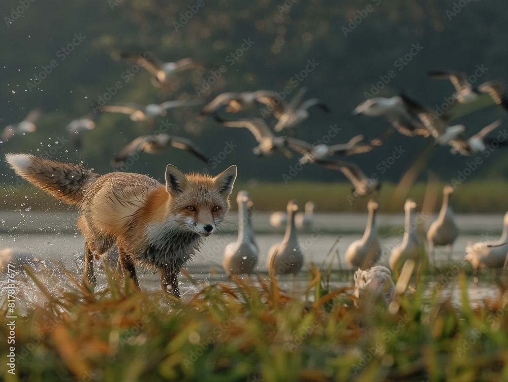 Fototapeta premium A fox is hunting and trying to catch geese