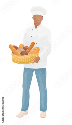 male  African American character baker standing with a basket of bread 