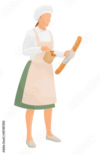 female  character baker in uniform holding paper bag with fresh croissants and baguette bread