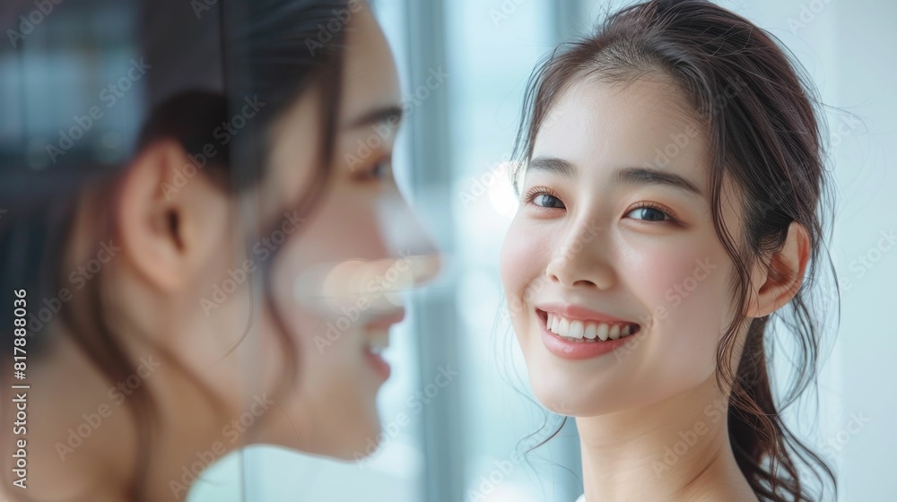 Asian Woman Admiring Her Radiant Reflection with Confidence and Joy Asian Woman Admiring Her Radiant Reflection with Confidence and Joy