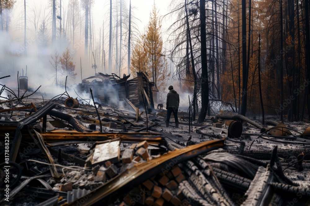 Man standing in the aftermath of a forest fire surrounded by debris and burned trees, smoke rising from the ruins of a destroyed structure. Man standing in the aftermath of a forest fire surrounded by debris and burned trees, smoke rising from the ruins of a destroyed structure.