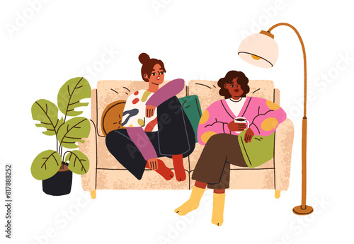 Happy young women, best friends chatting, sitting on cozy couch with tea cup. Girls at leisure time at home, teatime conversation on sofa. Flat vector illustration isolated on white background