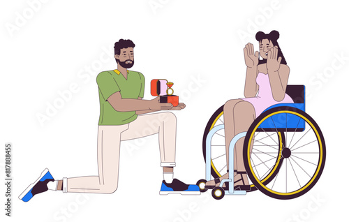 Black man proposing to hispanic woman with disability 2D linear cartoon characters. Diverse couple getting engaged isolated line vector people white background. Love color flat spot illustration