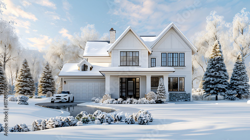 A single family house covered by snow. Winter seasonal concept with trees covered by snow  in background