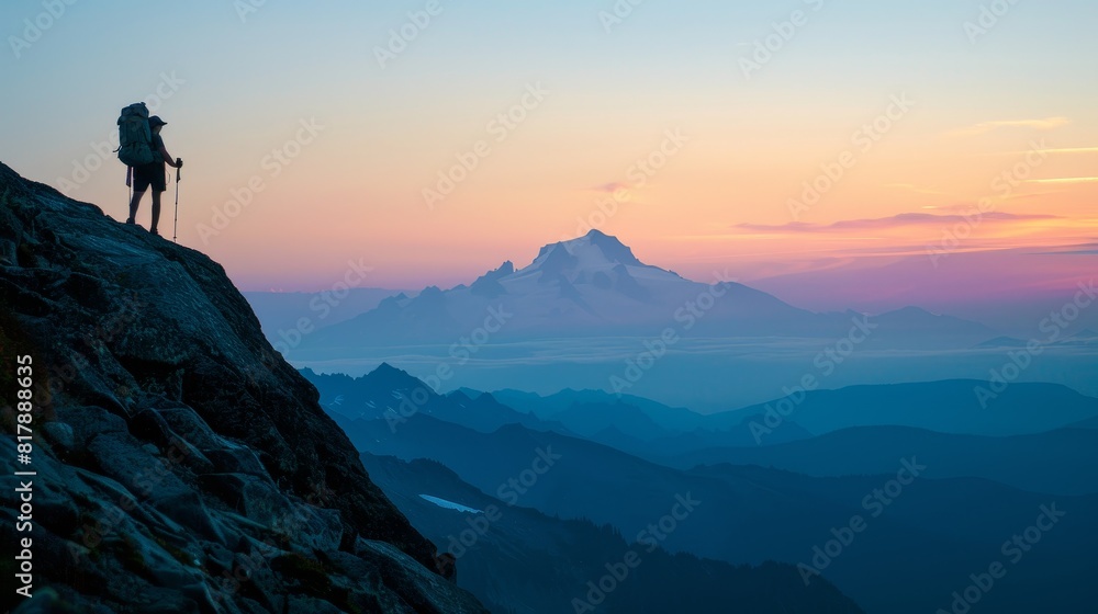 Hiker reaching summit in silhouette, expansive mountain view at dawn