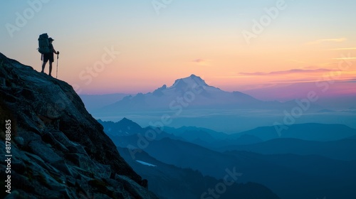 Hiker reaching summit in silhouette  expansive mountain view at dawn