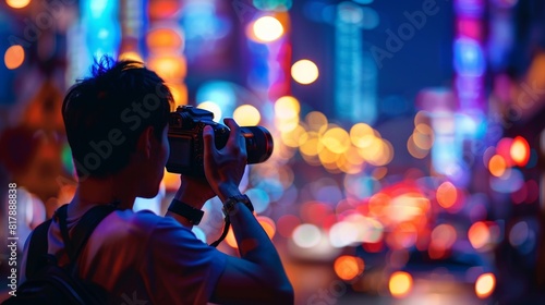 Photographer in silhouette taking photos in a bustling city at night © kitinut