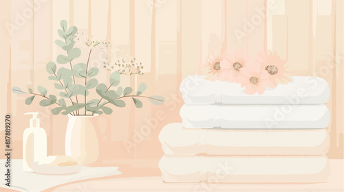 Stack of clean soft towels with flowers on white table