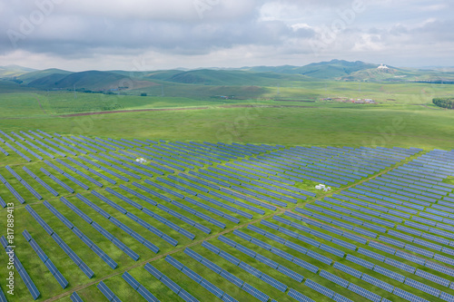 Aerial photography of photovoltaic power generation in the grassland of Huolingol City, Tongliao City, Inner Mongolia photo