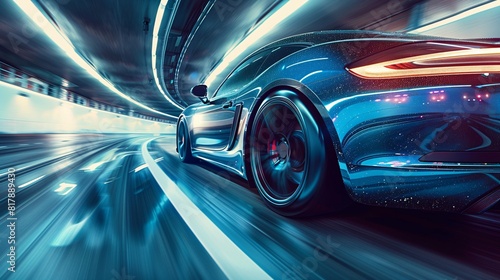 Emphasize velocity of a blue corporate car in full throttle on a high-speed highway bend.