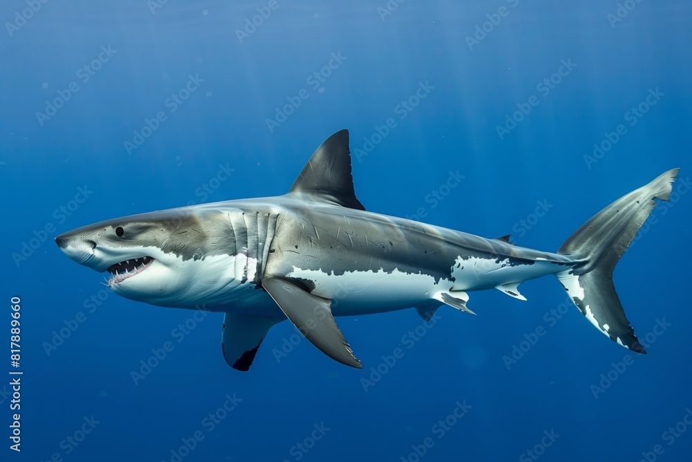 Fototapeta premium Close-up of a great white shark swimming in the deep blue ocean, showcasing its sharp teeth and distinct markings.