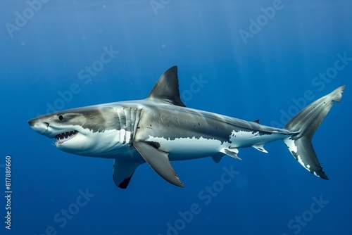 Close-up of a great white shark swimming in the deep blue ocean, showcasing its sharp teeth and distinct markings.
