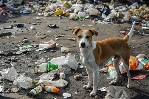 A dog stands amidst scattered plastic trash and litter on the ground, highlighting environmental pollution and waste management issues.