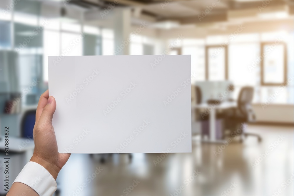 Hand holding a blank white paper against an office background with blurred desks and chairs, ideal for mockup or template purposes in a corporate setting. Hand holding a blank white paper against an office background with blurred desks and chairs, ideal for mockup or template purposes in a corporate setting.