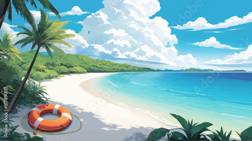 a painting of a beach with a life preserver