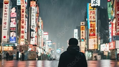 A Person standing with vibrant lights and bustling urban activity in the rain in Japan, capturing the dynamic energy of a modern city