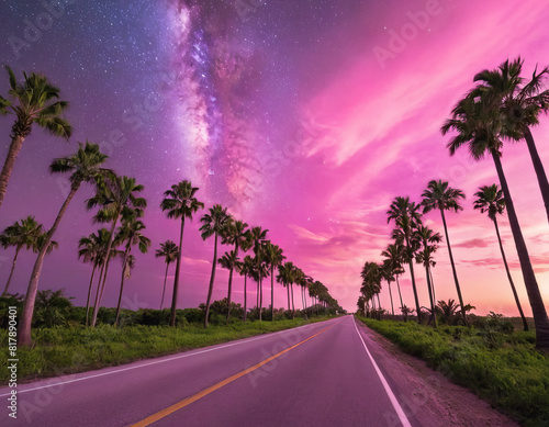 Palm-Lined Dream Drive: A vibrant sky hangs over a scenic road.