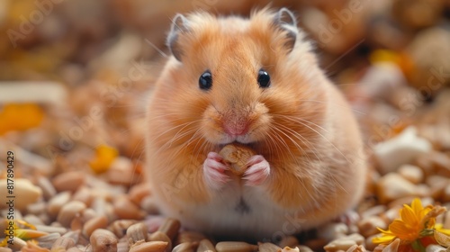 animal treat time, cute pet hamster nibbling on a sunflower seed, enjoying a snack in its cage