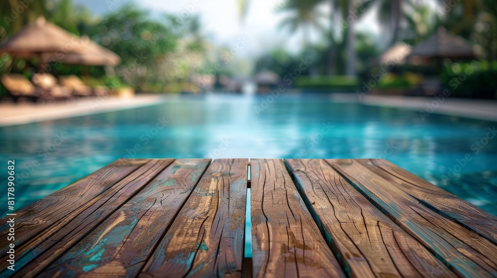 Image of wood table in front of swimming pool blur background. Brown ...