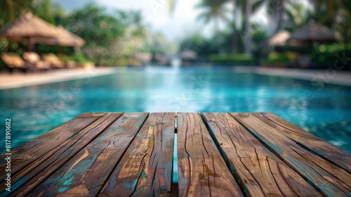 Image of wood table in front of swimming pool blur background. Brown wooden desk empty counter front view of the poolside on beautiful beach resort and outdoor spa.