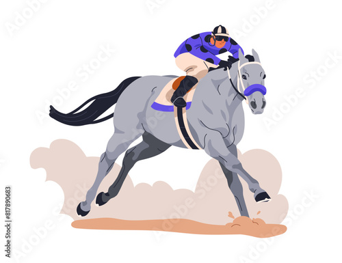 Jockey on racehorse. Horse rider on horseback in action. Equine sport, racing on track. Equestrian, horseman riding stallion, galloping fast. Flat vector illustration isolated on white background