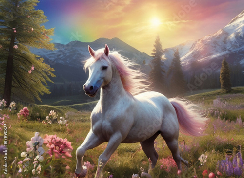 In a whimsically enchanting magical landscape a dazzling dreamlike rainbow horse gallops in a meadow of pastel-hued flowers photo
