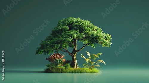 tree flat design front view jungle theme 3D render Triadic Color Scheme