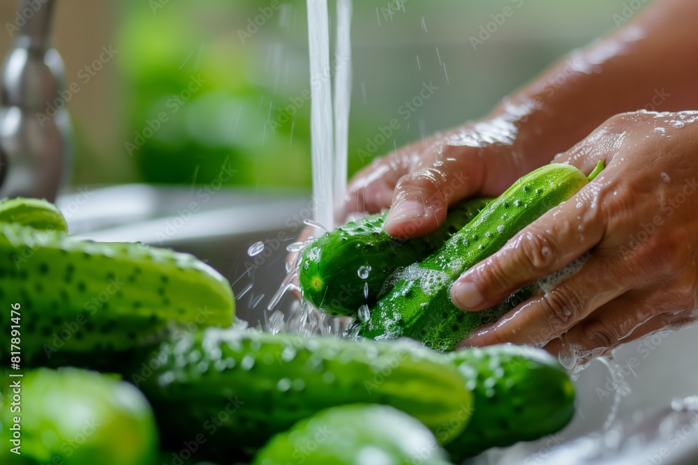 Close-up of hands washing fresh green cucumbers under running water in a kitchen sink, promoting clean eating and healthy food preparation. Close-up of hands washing fresh green cucumbers under running water in a kitchen sink, promoting clean eating and healthy food preparation.